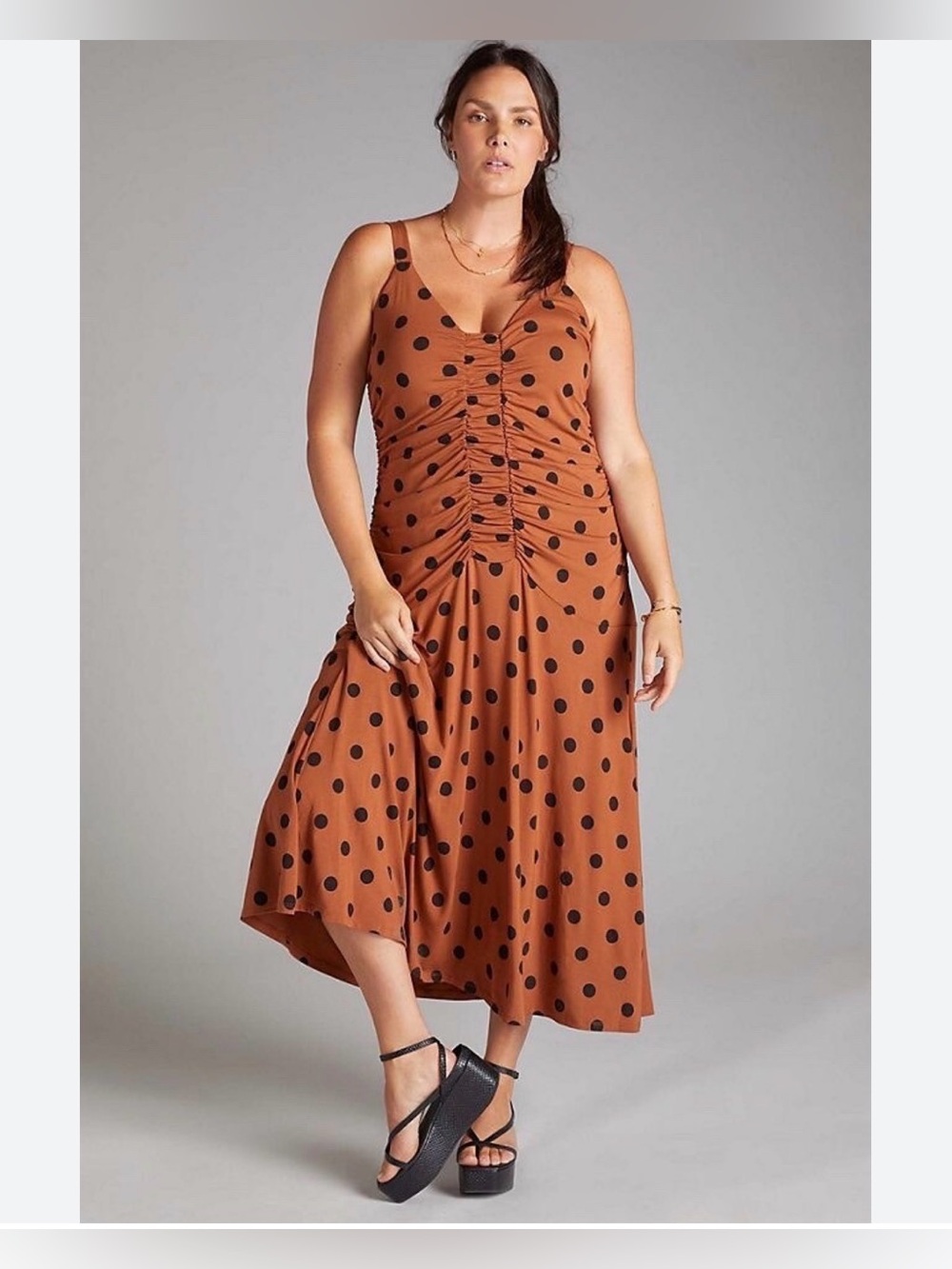 Maeve by Anthropologie Ruched Midi Dress Brown Polka Dot Gathered Dress Sz 1X